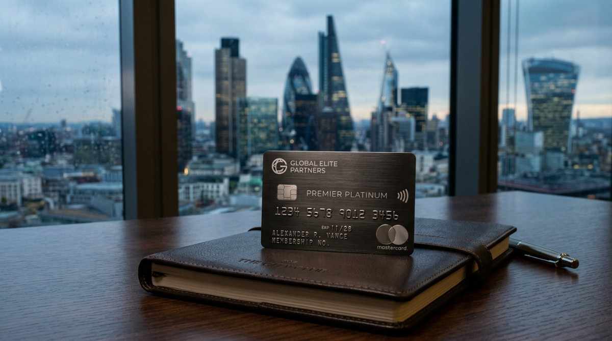 A selection of premium UK business credit cards placed on a leather portfolio with a view of the London skyline.