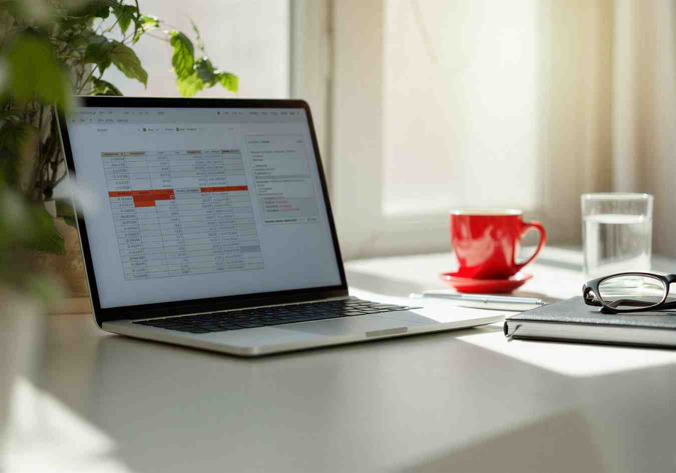 Desk workspace with laptop displaying cash flow budget repair tools and spending audit spreadsheet.