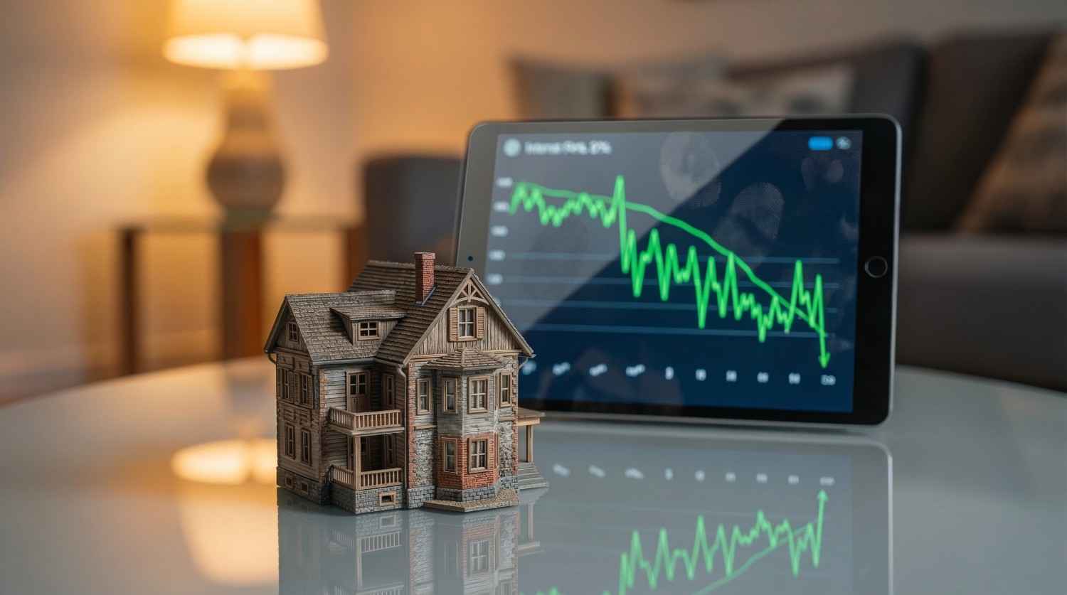 A model house next to a tablet displaying a falling interest rate graph, representing a mortgage refinance opportunity.